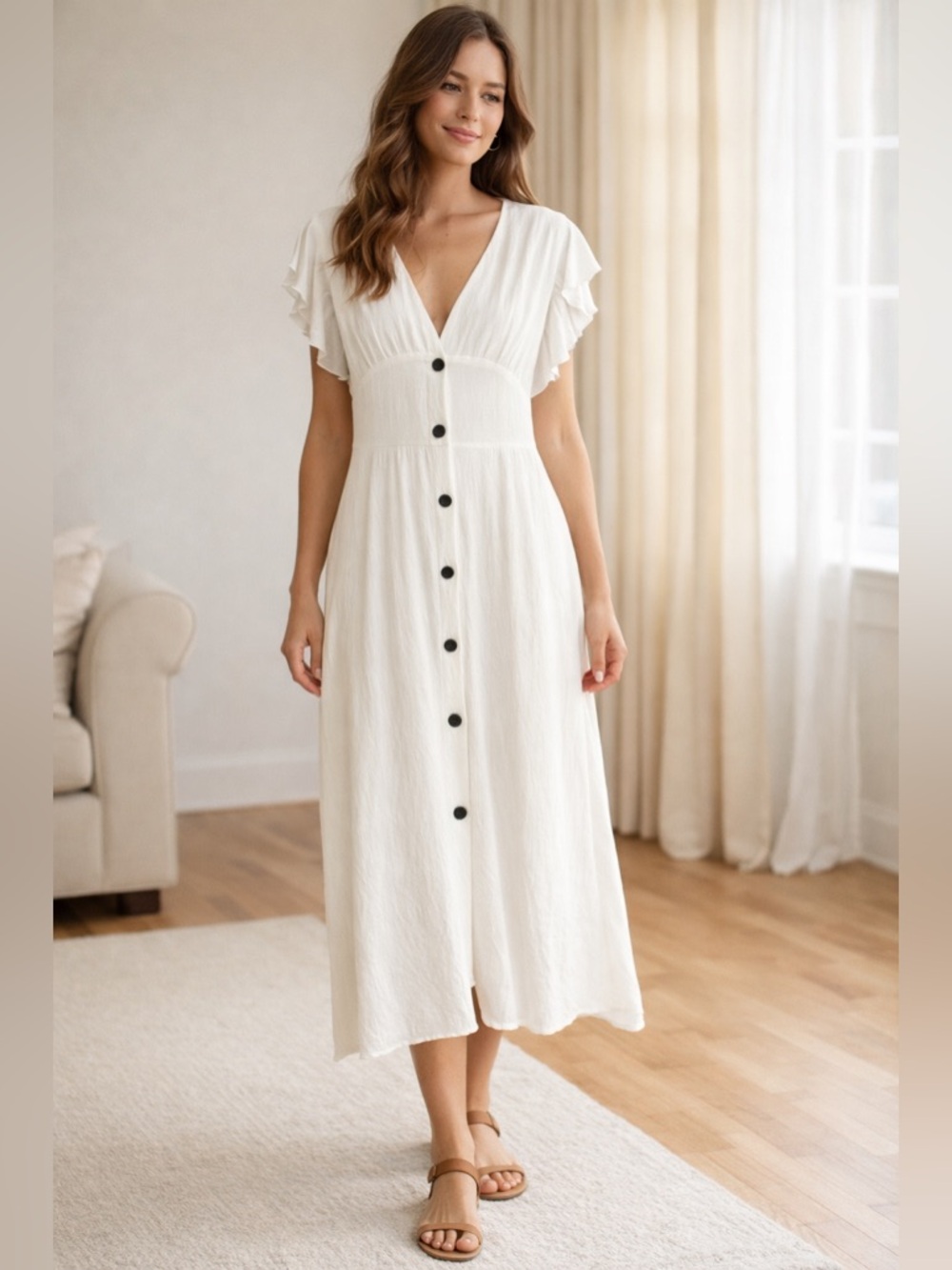 Light Ivory V-Neck Midi Dress with Flutter Sleeves and Contrast Buttons